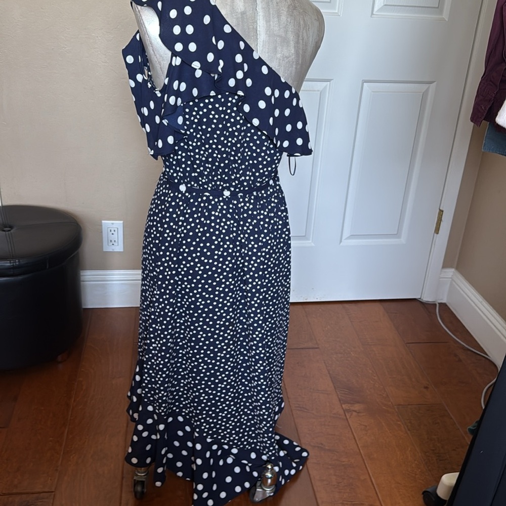 A New Day Mixed Polka Dot One Shoulder Ruffle Midi Dress - Navy Blue/White - S - Picture 5 of 11